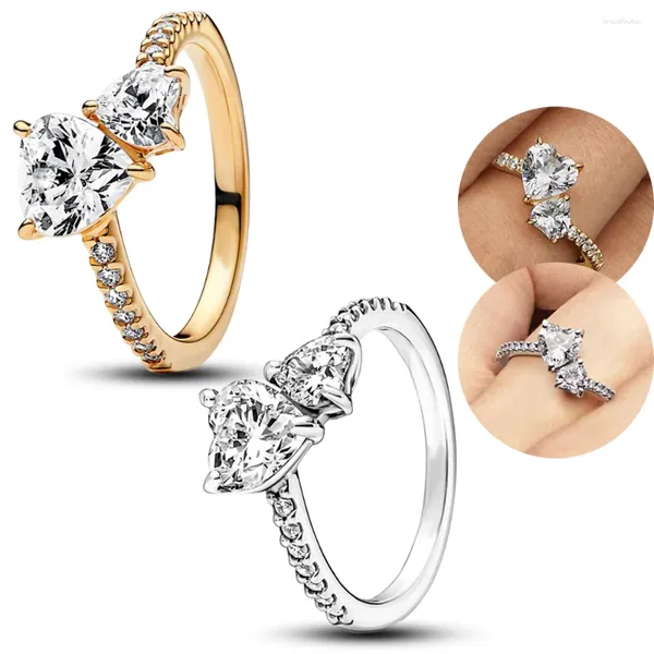 Ringos de cluster Luxury 14k Double Double Heart Sparkling Diamond Ring Princesa Coroa Mulheres Casamento Jóias Finas Presos