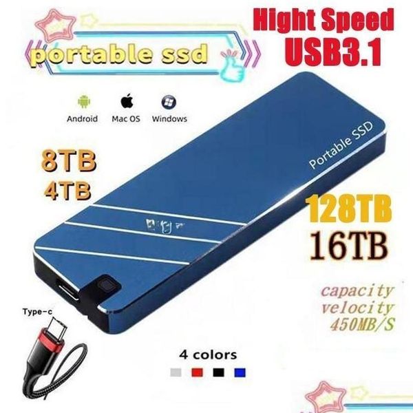 Discorsi rigidi esterni SSD Type-C ad alta velocità USB3.1 128TB 4TB 8TB 16TB Interfaccia portatile a stato solido portatile 2TB 1 TB 500GB USB 3.1 Mini DHLE6