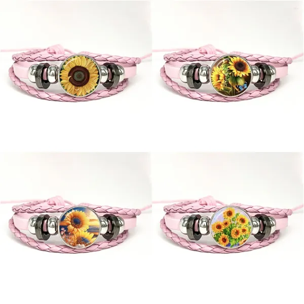 Armreifen Sonnenblumen Leder Armbänder Glas Dome Snap Knopf Armband Armreifen handgefertigt Perlen Multi-Layer-Schmuckgeschenke