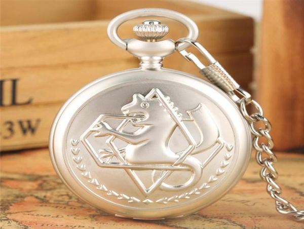 Серебряный полнометальный алхимик Quartz Pocket Watch Косплей Эдвард Элрик Аниме дизайнер мальчиков подвесной ожерелье Идеальное подарок 3263134