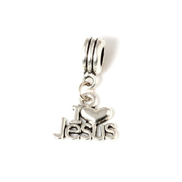 Mic 50pcs lote pendurado prata antiga Eu amo Jesus charme religioso Big Hole Beds Fit Fit Charm Bracelet Jewelry 2323o