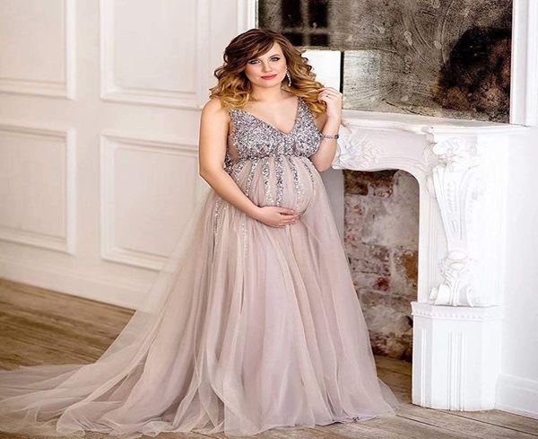 Luxury Maternity Po Shoot Dresses Empire Waist V Neck Donne in gravidanza Domande da sera formale Celebrity Dresses Tulle Crystal Biled Prom5531889