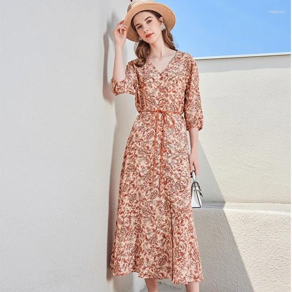 Abiti casual v Neck Orange Orange Chiffon Silk Floral Maxi Dress Women 2024 Summer Long Work Office Beach Office Sexy Party Luxury Plus Size