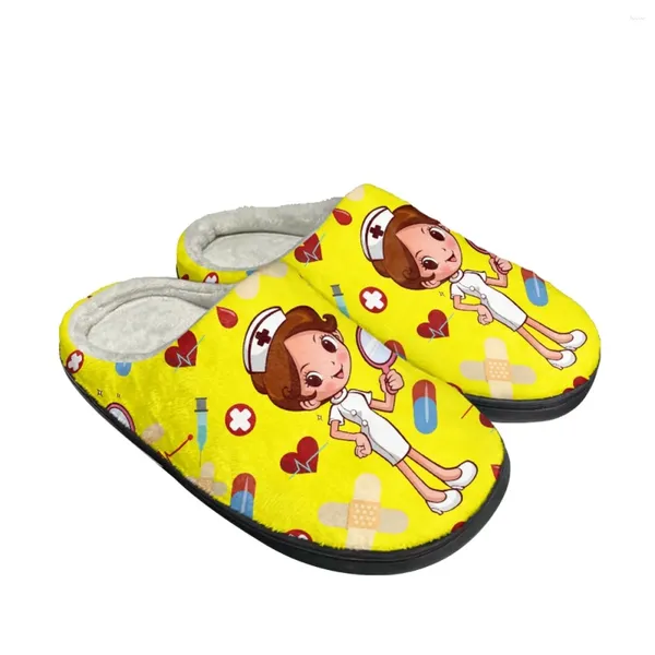 Slippers amarelo cor de desenho animado Padrão feminino de algodão piso interno casal 2024 Sapatos planos Autumn Winter Home Plush Bedroom