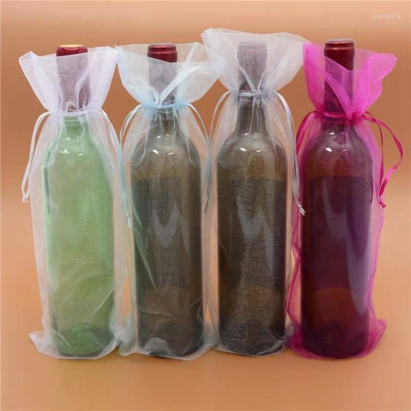 Einkaufstaschen 50pcs/Los Großhandel 15x38cm Drawess Organza Weinflaschenhalter Beutel Weihnachten Hochzeitsfeier Geschenkverpackung Vorräte