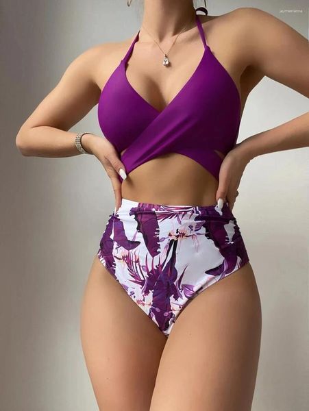 Damen Badebekleidung Tropical Print Wrap One -Stück Badeanzug 2024 Rückenfreie Brust gekreuzt Lanyard Neckholder Frauen zum Strand