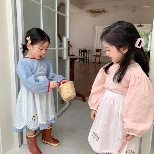 Kız Elbiseler Koreli Çocuk Giyim Bahar Kızlar Yuvarlak Boyun Düz Renk İşlemeli Moda Elbise Önlük İki Parçalı Set ZLJG