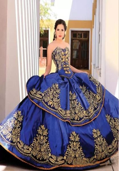 Vintage Royal Blue Quinceanera Kleider Festzugskleid Satin hochwertiger Applikationskleid Kleid Kleid bodenlange Prom Kleider3051449