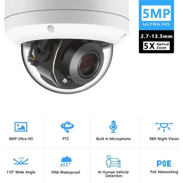 Segurança aprimorada com câmera de 5.0MP H.265 POE IP PTZ - lente de foco automático 5x, IP66 à prova d'água, entrada de áudio, visão noturna de 95 pés - perfeita para vigilância interna e externa