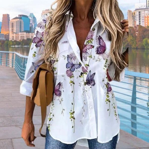 Blouses femininas Trendy Spring Top odely Pintura a óleo Camisa Lady Cardigan colorido colarinho virado para baixo