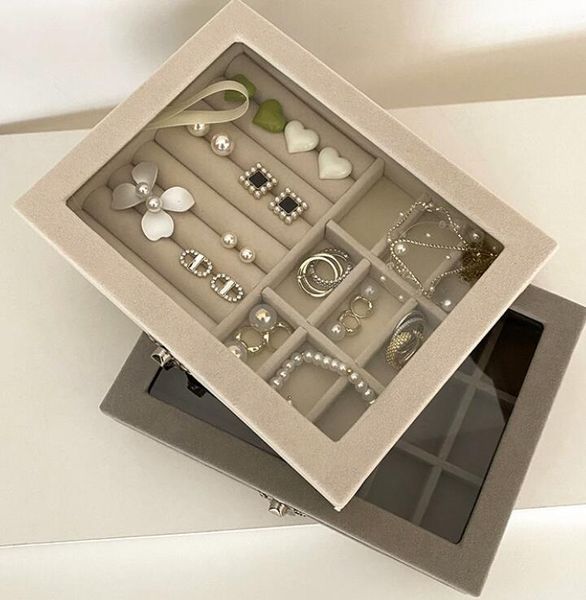 Caixas de armazenamento de jóias portáteis com tampa de vidro à prova de poeira à prova de jóias Organizer Box Brincha Rings Showcase