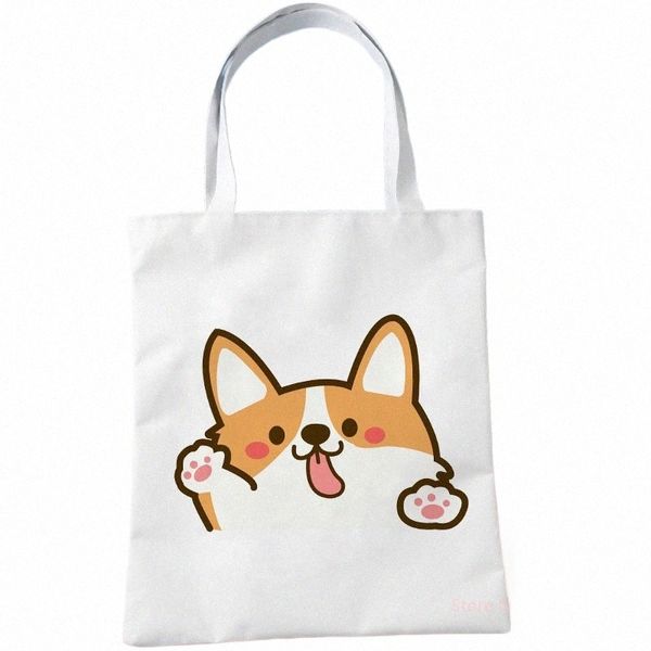 Frauen Leinen Schulter Corgi Mops Hund Tier Handtasche Ladies Casual Tasche große Kapazität wiederverwendbarer Ladenbeutel Einfacher Studentenbeutel M1XF#