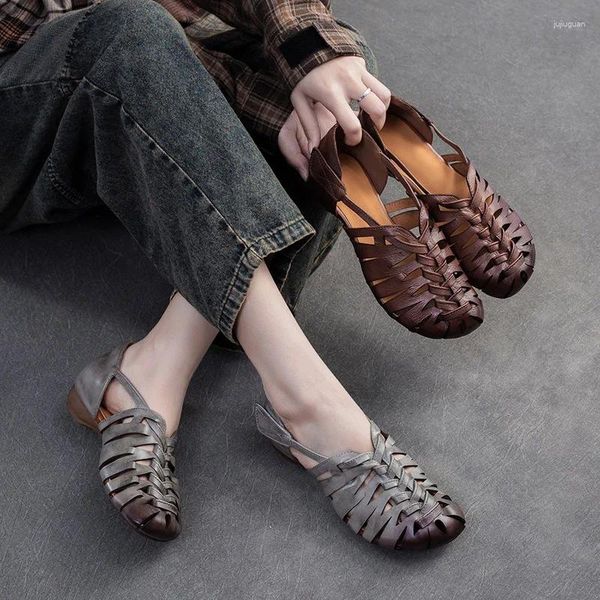 Sandalen Birkuir Echtes Leder handgefertigtes Gewebe hohl Out Retro Luxus Hakenschleife gewebte Frauen weiche Sohlen geschlossen