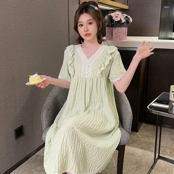 Frauen Nachtwäsche 2024 Summer Plus Size Netter Spitze V-Ausschnitt Kurzarm Baumwoll Nachthemd für Frauen koreanische Nachtkleid Nachtnacht Nacht