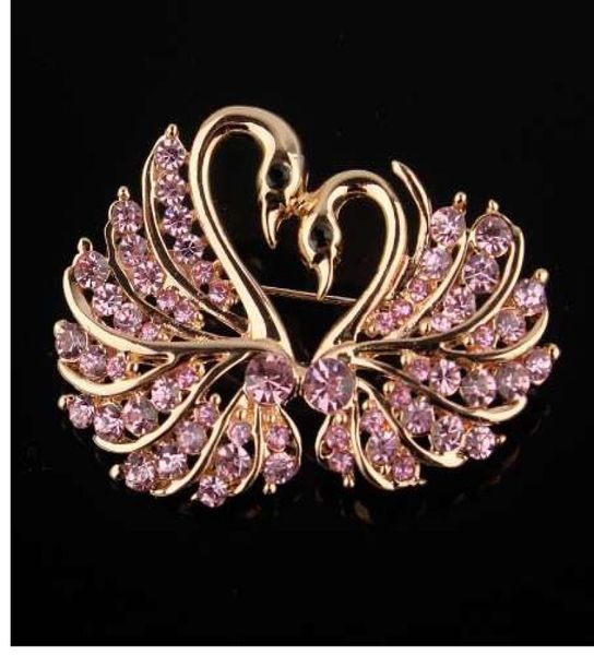 Süße Kristall Swan Brosche Stifte Gold Farbliebhaber Tier Strauchbroschen für Frauen Hochzeit Schal Schmuck Vintage Revers Pins3734727