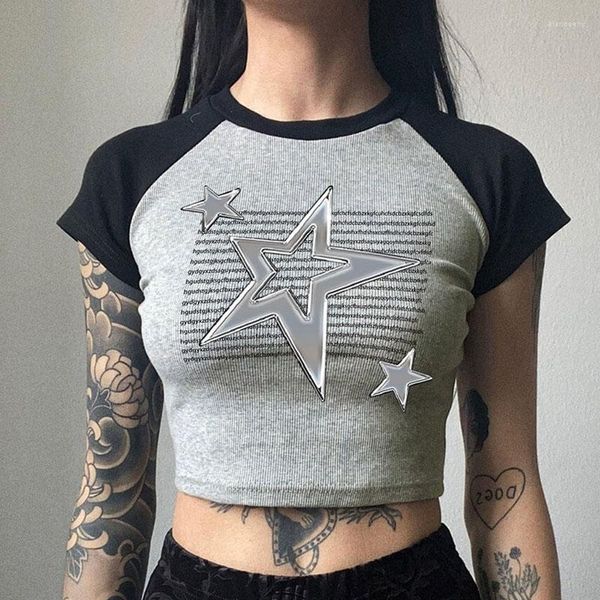 Camicie da donna h casa abito europeo e americano leggero punk liquido in metallo xingx stampato raglan maniche corta nicchia sottile