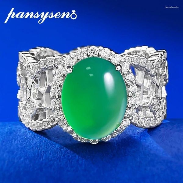Кластерные кольца Pansysen 925 Стерлинговое серебро 8x10 мм овальное карбоновое кольцо с высоким углеродным кольцом 18K Белое золото.
