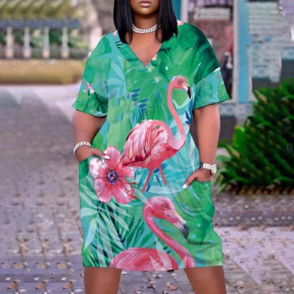 Повседневные платья Тропические фламинго 3D-принт платье для печати женщин мода с коротким рукавом вечер сексуально midi max elegant v-re-образный сарафет