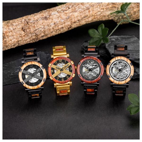 Armbanduhrenbeobachter Herren Holz Edelstahl kombinierte mechanische Zeiger Uhr große leuchtende Skelett Punk Business Personalisierte Geschenke