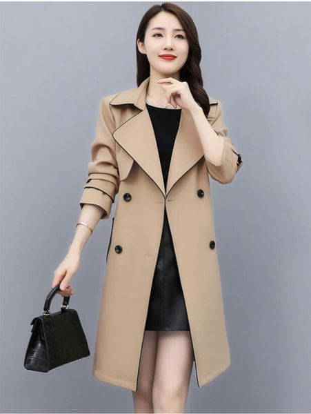 Lady's Black Color Women Feminina Trench Coats Mulheres Moda Inglaterra Casaco Médio Longo Casas Trenas Duas Casas Nobres e Atmosféricas Faixa 3xl 4xl Jaqueta