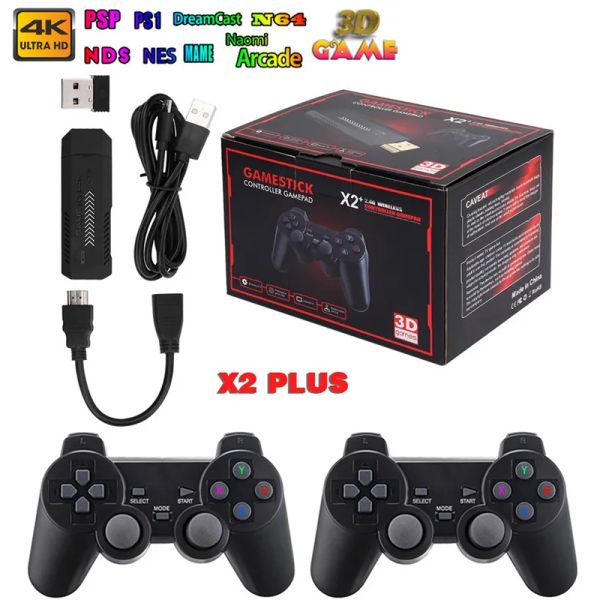 2024 x2 plus GameStick 3D Retro Video Game Console 2.4G Wireless Controller HD 4.3 System 41000 Spiele 40 Emulatoren für SEGA/PSP/PS1 64 GB/128 GB