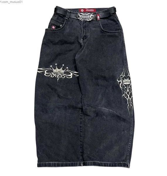 Jeans feminino jeans jeans jNCo jeans y2k feminino harajuku retrô de hip hop bordado jeans calças pretas góticas altas calças largas roupas de rua 231214l