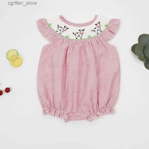 ROMPERS NEUER STYLE BOUTIQUE SIND SPERPER ZERPER Baby Girl Kleider Hand gemachtes Kuhsticker Bodysuit Red Stripe Smock Jumpsuit 0-3T für Mädchen L410