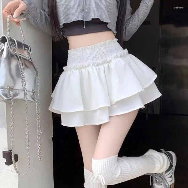 Saias bolo branco meia saia feminina verão curto picante garota fofa de cintura alta A-line estilo balé vintage
