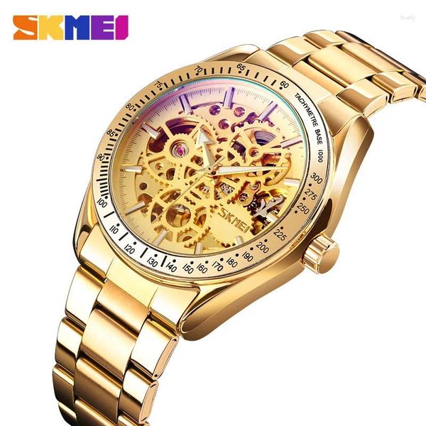 Нарученные часы Skmei Мода выпускается прозрачная нижняя передача Автоматические механические часы высококлассных рисунков с золотой сталью бизнеса.