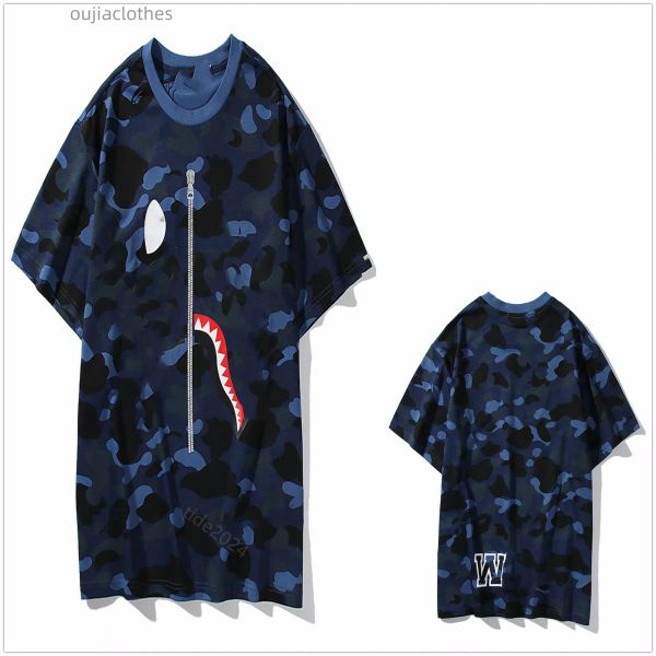 Mens camiseta gráfica tee camiseta designer camisa roupas roupas de tubarão t camisetas algodão camuflagem zip impressão de camufla