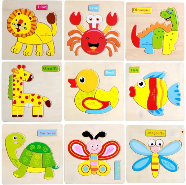 Kinder Cartoon 3d Tierholzrätsel 15*15 cm Baby Säuglinge Buntes Holz Jigsaw Intelligence Toys Bildungsspielzeug LL