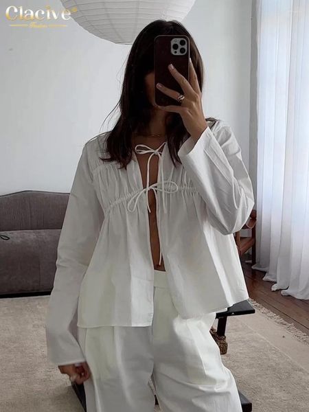 Kadınlar bluzlar Clacive seksi gevşek beyaz pamuk üst moda v yaka uzun kollu gömlek zarif klasik dantel üstleri kadın giyim 2024