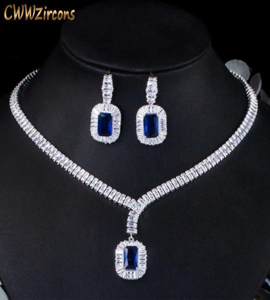 Bling Square Drop Dark Blue Cubic Zirkon Halskette und Ohrring Party Schmuck Set für Hochzeitsbräute T507 2107144957142