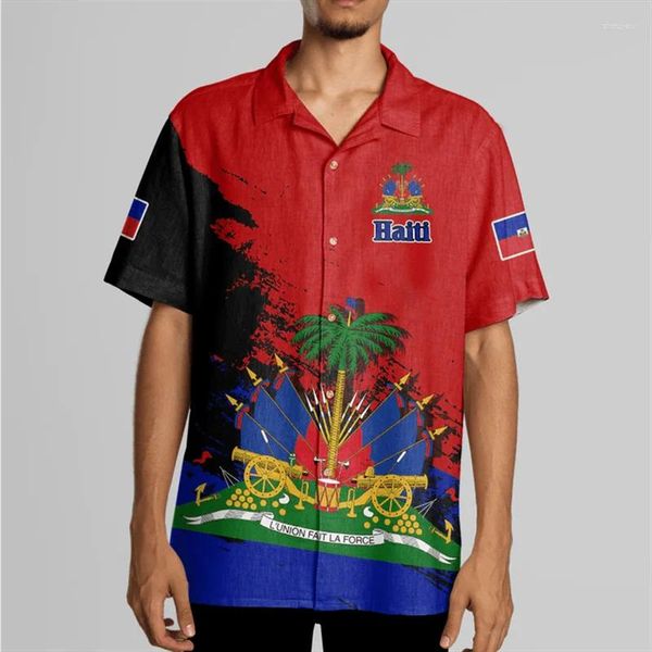 Camisas casuais masculinas Haiti Flag 3d Hawaii Men Summer Summer Short Manga curta 2024 Oversize 6xl Streetwear