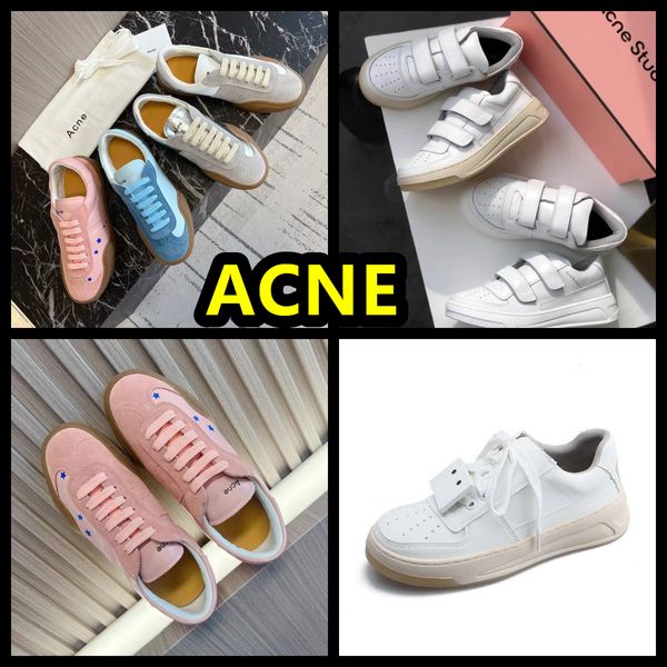 Novo designer de acne velcro sorrindo feminina viagens de praia brancas sapatos azuis azuis sapatos de fundo liso