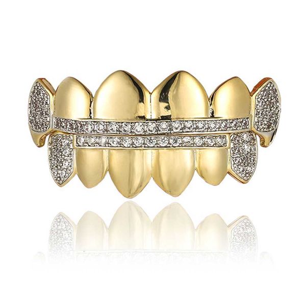 Hip -Hop -Zahnspangen 18k Real Gold Plattiermikro -Set Diamanten scharfe Zähne Goldpraces Halloween Schmuck Schmuck