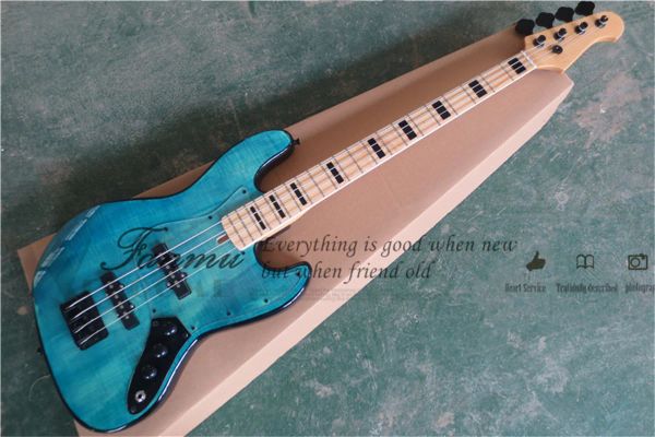 Кабели 4String Electric Bass Guitar, Clear Blue JB Bass Flamed Maple Veener, Клен Бридборт Белый Переплет, Черные Кнопки