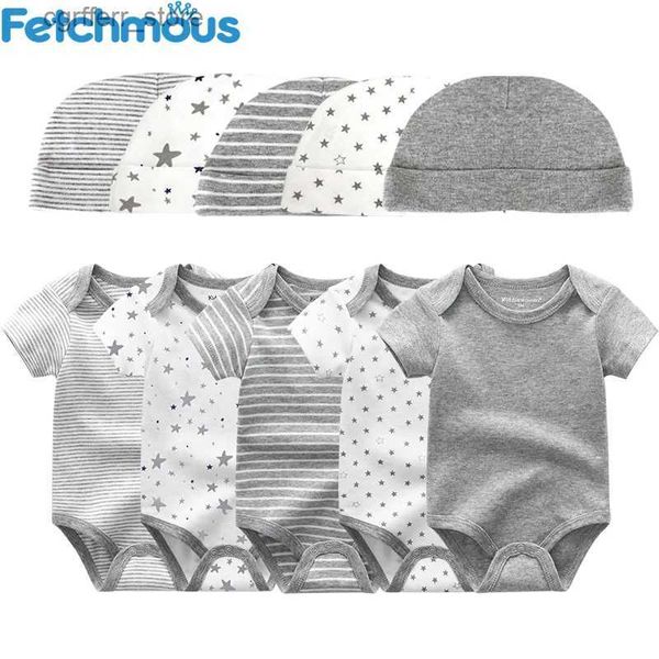 Rompers 0-6 meses Conjunto de recém-nascidos 5pcs Macacões+chapéu de algodão roupas de menino roupas recém-nascidas roupas de roupas infantis de roupas infantis presentes L410