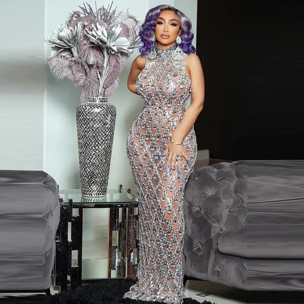 Big String Big Rhinestone Transparent Dress Long Night Birthria