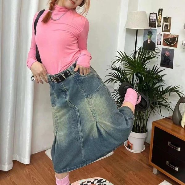 Saias americanas retro jeans plissadas y2k harajuku saia de cintura alta de altas cintura para mulheres roupas góticas coreanas