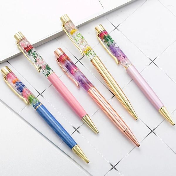 Luxo eterno Flor Ballpoin Pen Fluxo Líquido Óleo Cristal Bola Metal Student Write Signature Office Supplies