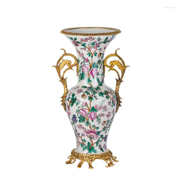 Vasen Vintage Keramikhandwerk Vase Antique Dekoration Luxus Home Porzellan Gold Rim Designer mit Messinggriff Blume