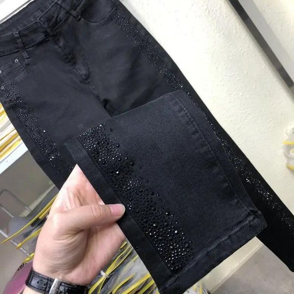 Frauen Jeans gerade Bein dünn mit Strasssteinen Frauen schwarze Hosen für Frauen hohe Taille S schlanke Fit Hosen Stilvolle Hippie Stretch