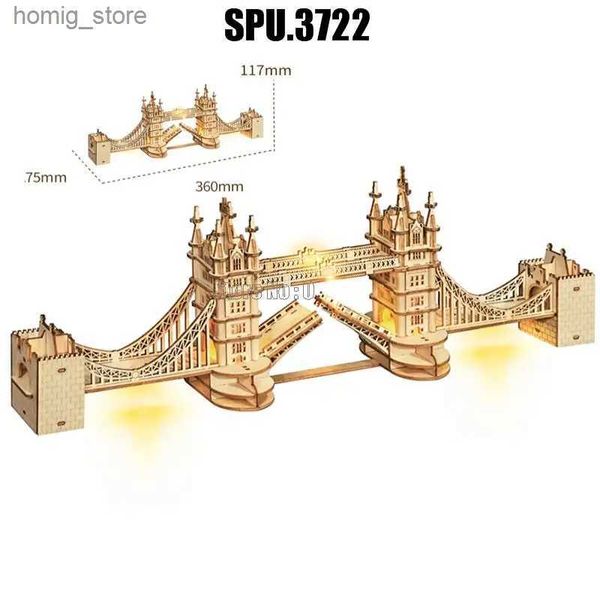 Puzzle 3d (nessuna scatola) World Great Architecture London Tower Bridge Light Laser fai -da -te che taglia kit di costruzione di puzzle in legno in legno giocattolo Y240415