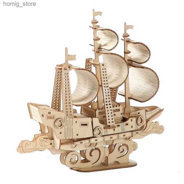 Puzzle 3d kit di puzzle in legno 3d a vela a vela kit assemblare i blocchi da costruzione di modelli di navi azzurro per adulti scrivania da crociera fatti a mano Y240415