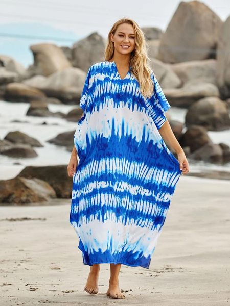 Vestido boho azul de pescoço Kaftan Beach Coverning 2024 Summer Mulheres usam túnica de biquíni de tamanho grande Robe de Plage Sarong