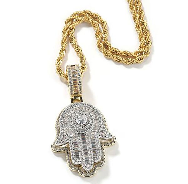 Mão gelada de Fátima Hamsa Pingente de pingente de zircão de cobre de alta qualidade de zircão cúbico bling para homens presentes jóias de hiphop