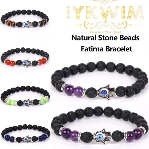 Strand Naturstein Fatima Handarmband Tiger Eye Amethysts Achate Spacer Perlen Schmuck Geschenk für Mann Frauen elastisches Seil 8 mm