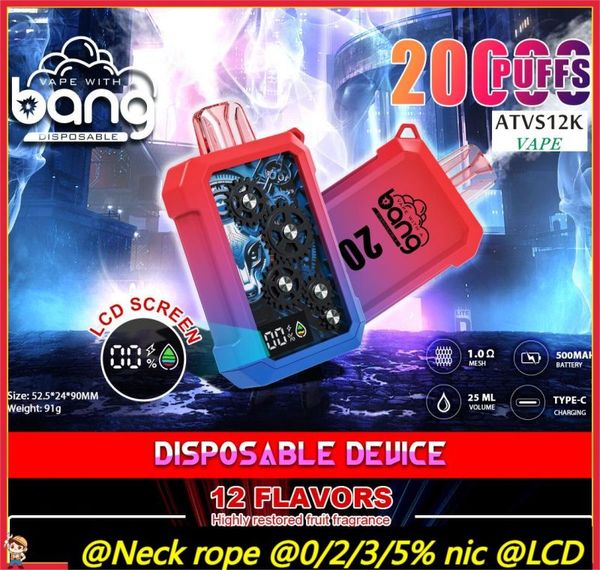 Bang Hindable Deuice 20000 Puff 20K Puffs LCD -Bildschirm Einweg -Vape -Stift Authentische Dampfs Mesh Spulenaufladbar E -Zigaretten 0% 2% 3% 5% 12 Farben