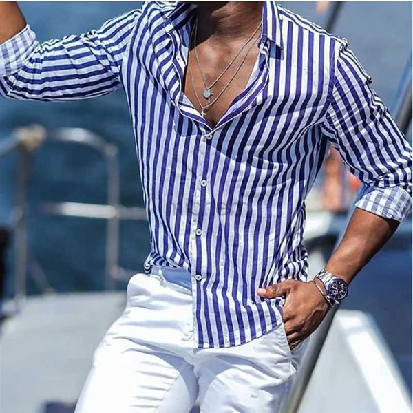 Camisas casuais masculinas 2023 Camisa de lapela de moda listrada listrada azul verde Tiger Totem Black White HD Padrão cubano colarinho quebrado Popular 240416